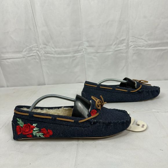 SO Denim Moccasin Slippers With Embroidered Roses & Faux Fur Lining Womens XL - Picture 5 of 11